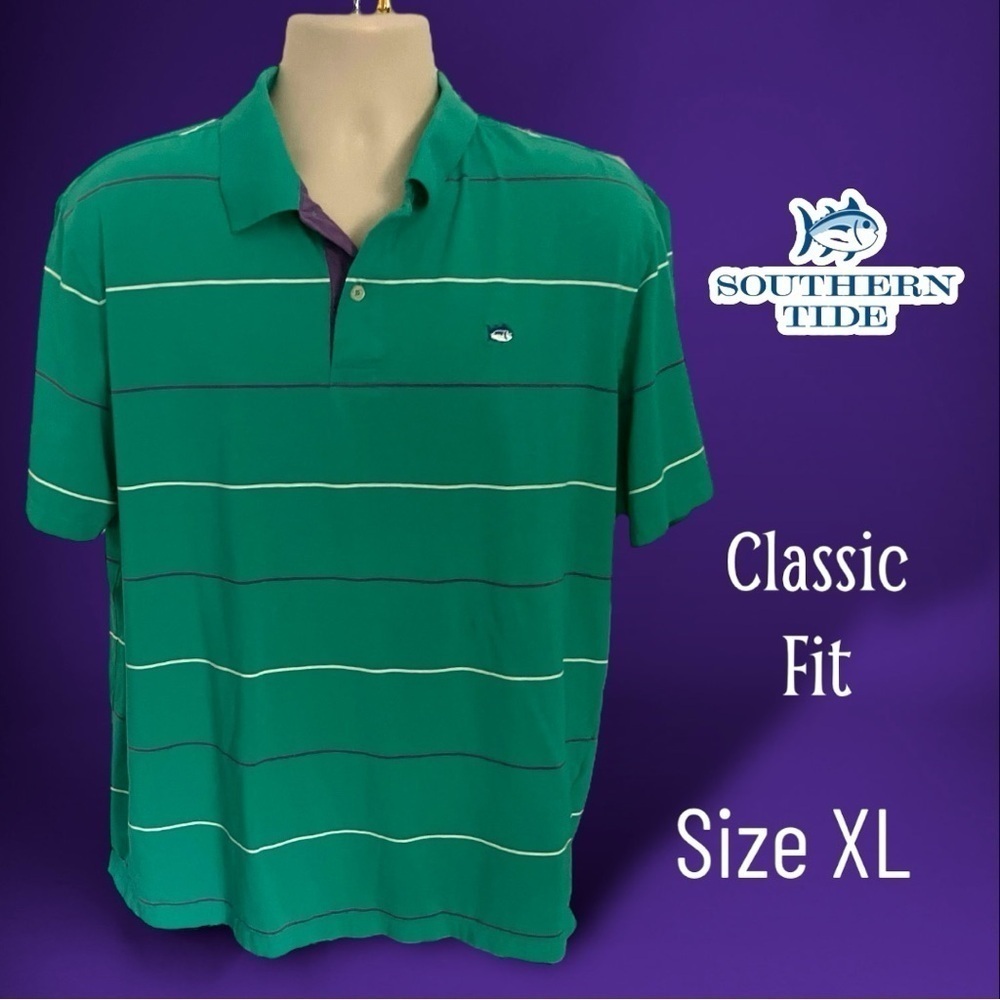 Southern Tide Men's Green Purple Striped Golf Shirt Classic Fit Size XL